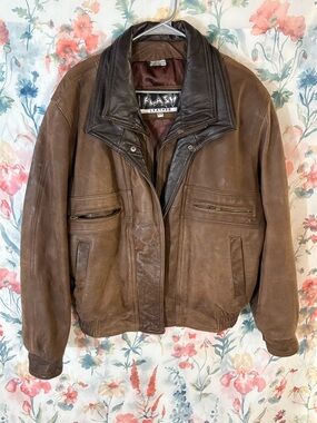 Vintage Men’s Brown Leather Bomber Jacket with Dark Collar